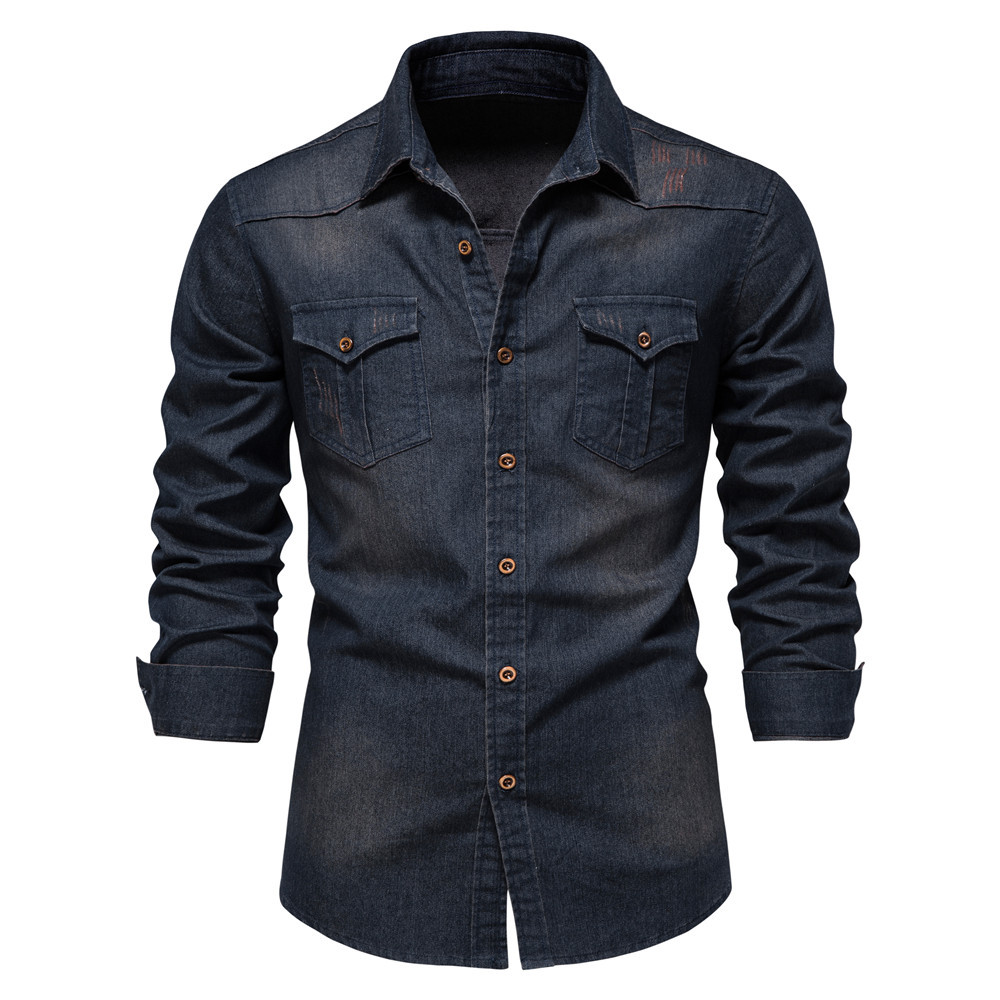 WOZK Men's autumn and winter European denim shirt, men's casual solid color denim long sleeved shirt, denim fabric inner top