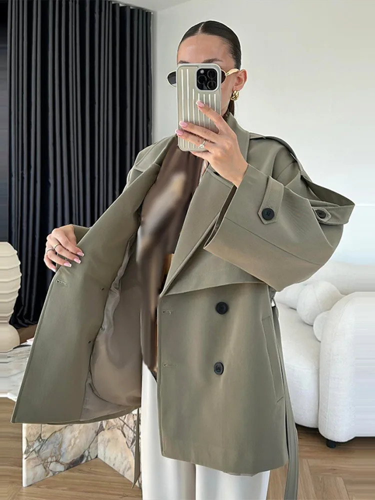 Elegant Trench Coat With Belt Womens Slim Vneck Full Sleeve Lapel Overcoat Autumn Winter Ladies Solid Streetwear 251219