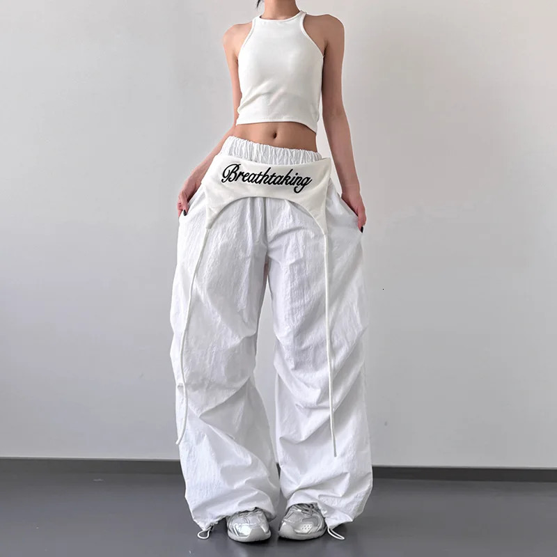 Womens Y2K Style - Cross-layer Straps Casual Streetwear Trousers Wide Leg Cargo Pants for Hip Hop Dance Z260314