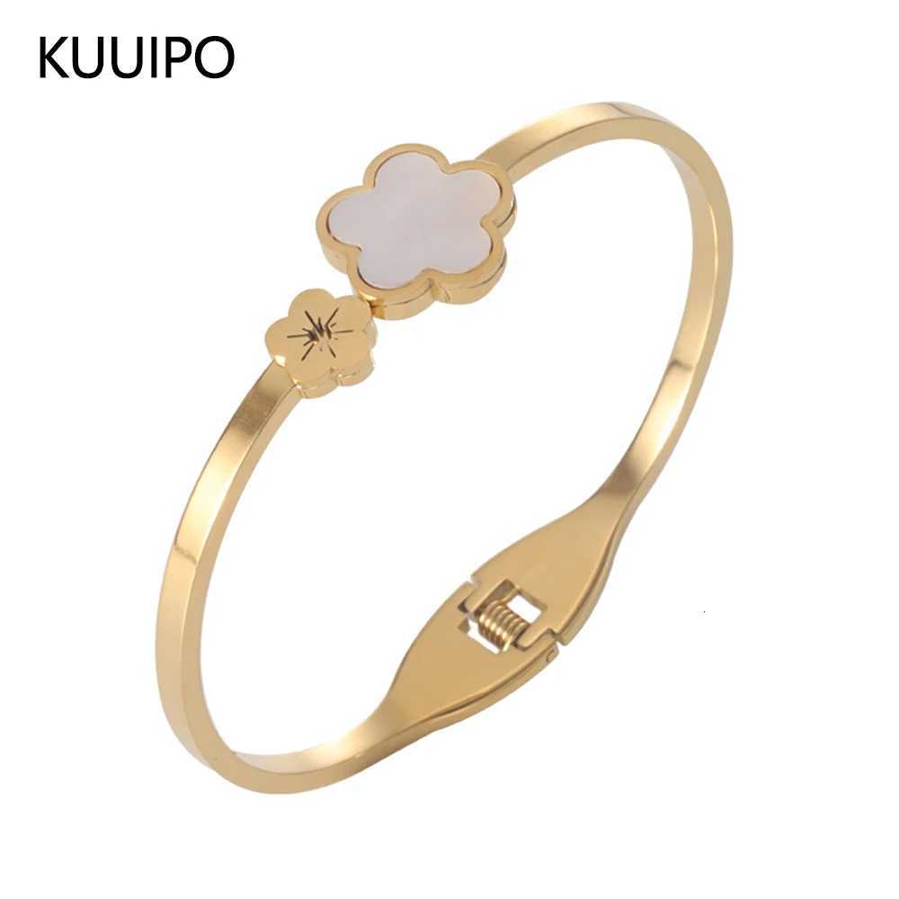 Fashion Cuff Stainless Steel Bangle for Women Accessories Rhinestone Resin Flower Gold Color Bangles Party Jewelry Gift M251220