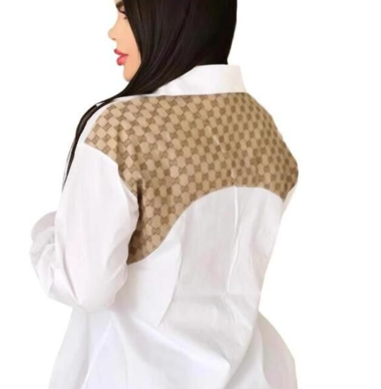 Women's color blocked shirts fashion embroidered women's loose casual Blouses temperament Panelled shirt