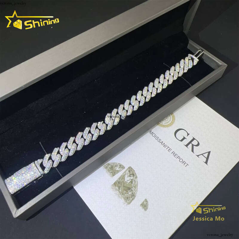 VVS Moissanite 13mm 3 Row Rhodium Plated Rapper Hip Hop Jewelry VVS1 Silicon Stone Iced Out Grid Certificate S925 Silver Miami Cuban Bracelet for Men