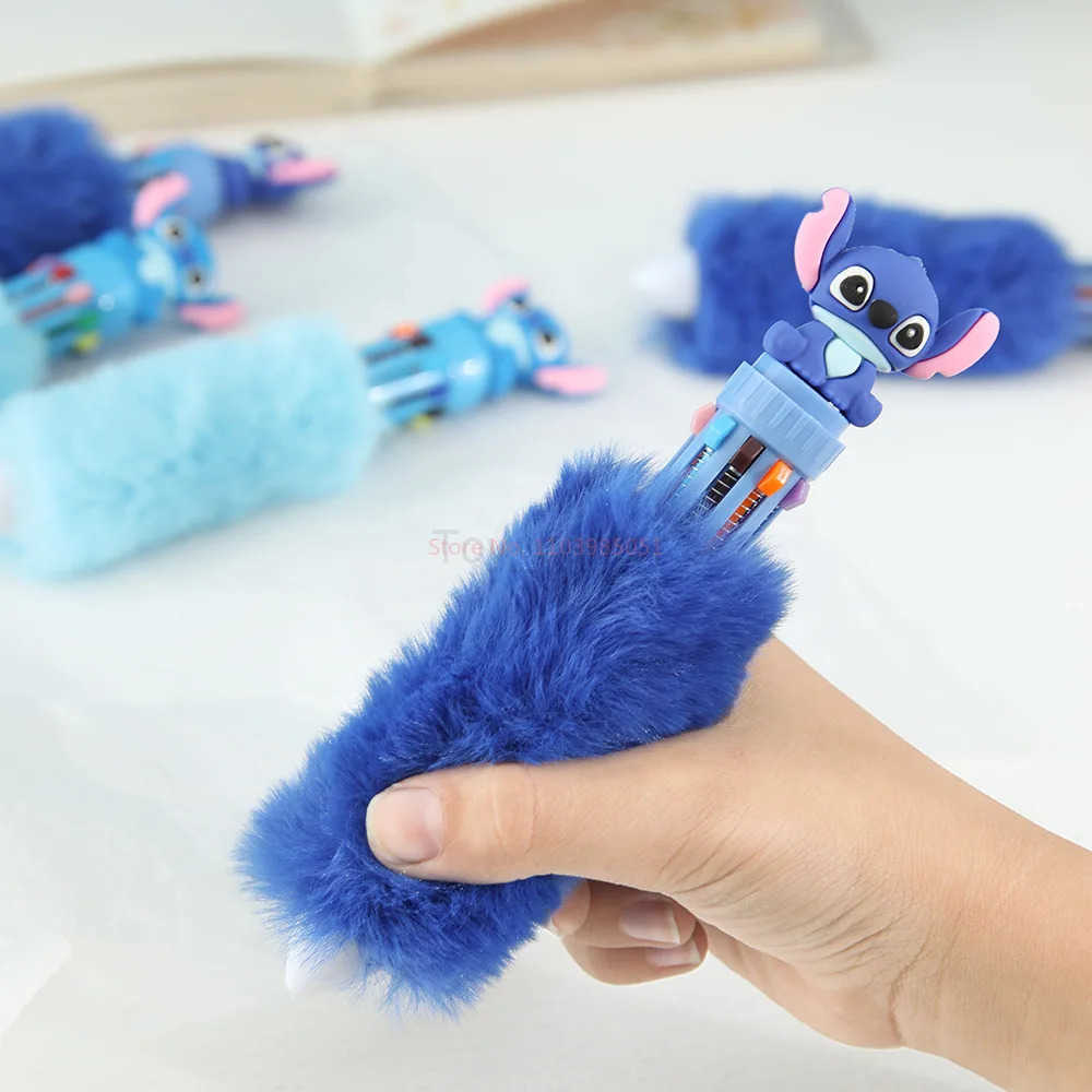 Disney 6/36pcs Stitch Plush Ten Color Press Ballpoint Pen DIY Colorful Hand Pen Student Key Marker Pen Gift Wholesale H251220