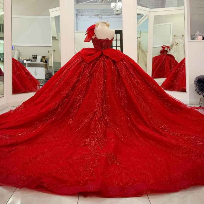 Red Shiny Quinceanera Dresses Off The Shoulder Beading Crystal Bow Tull Party Birthday Sweet 16 Dress Vestidos 15 De Anos