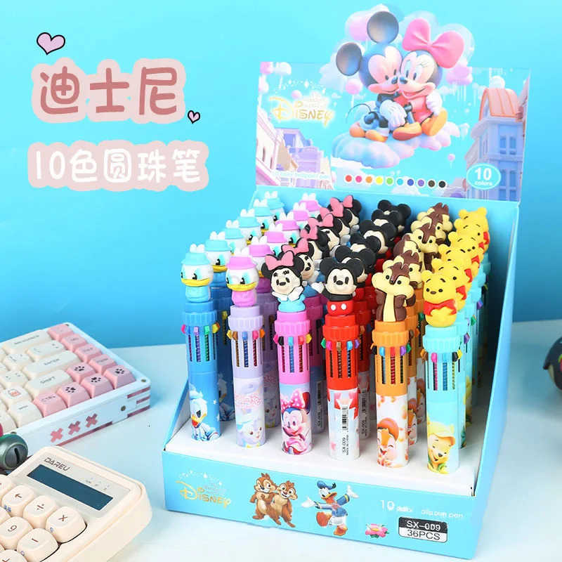 Disney 6/36pcs Mickey Family 10 Colors Ballpoint Multi Color Press Pen Cute Cartoon Gel Pen Student Supplies Stationery Wholesal H251220