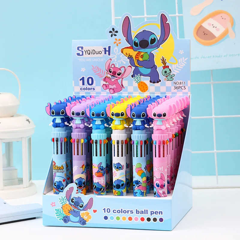 Disney 6/36pcs Stitch 10 Color Ballpoint Pen Cartoon 07 Press Multicolor Pen Student Diy Hand Point Pen Stationery H251220