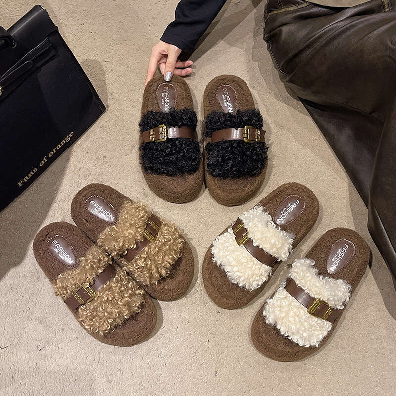 Belt Buckle Thick Sole Lamb Wool for Women, Outdoor Wear, 2025 New Style, High-End Feel, Warm, One-Word Home Cotton Slippers