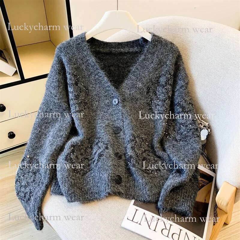 Women's White V-Neck Jacquard Cardigan Luxury Vintage 2000S Y2k Jumper Top Knitwear Long Sleeves Cashmere Sweater Autumn