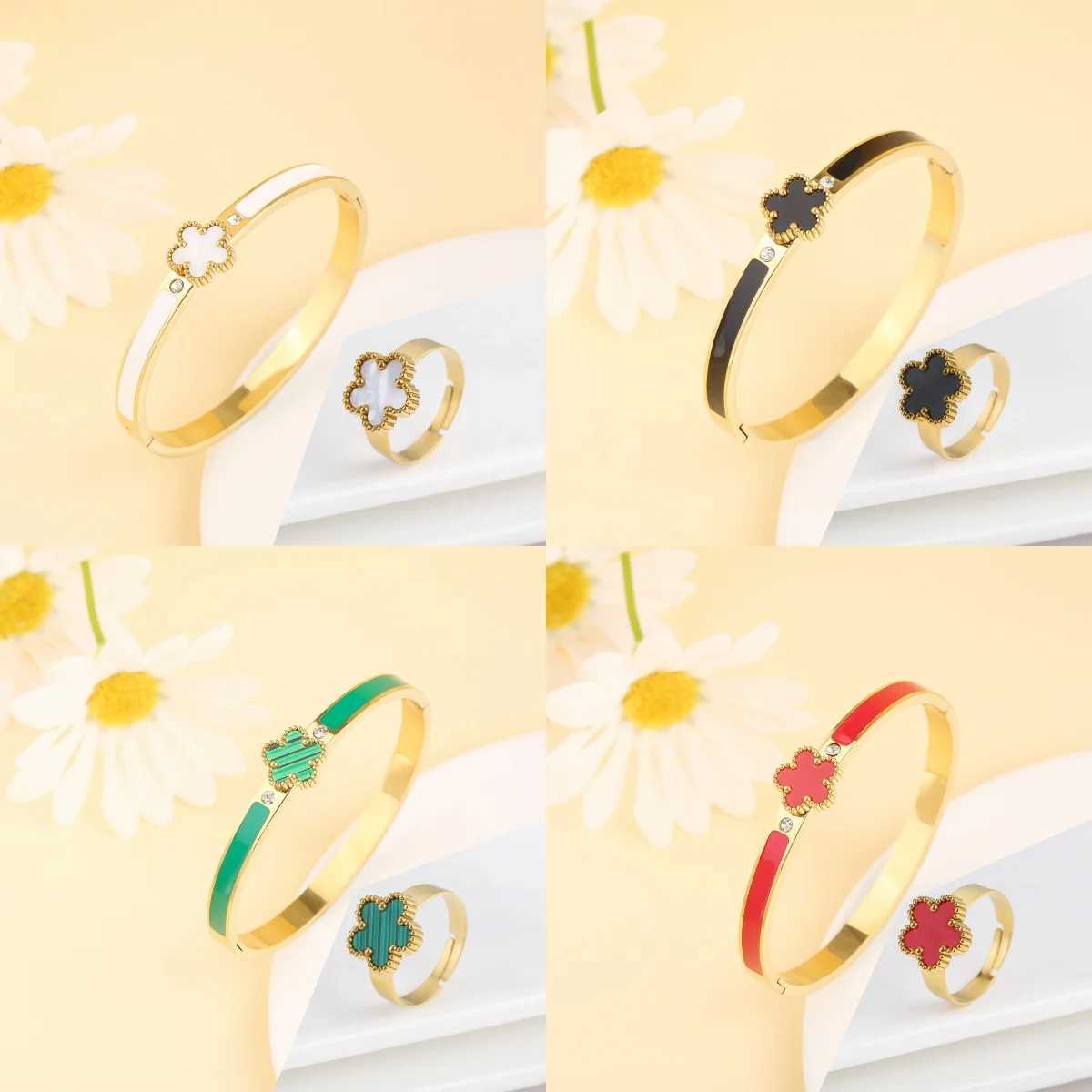 New creative enamel stainless steel plant five- flower Ring Women Girls Fashion party jewelry C r M251220
