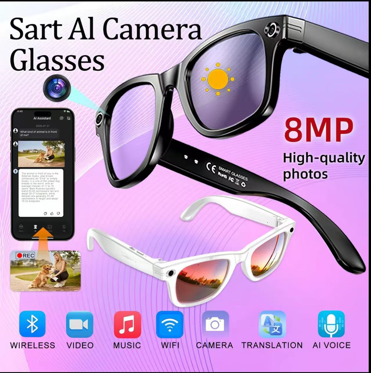 AI Smart Glasses with Video Camera 800W Outdoor Sunglasses Wi-Fi Transfer BT Calling Audio Record Smart Wearable Headset