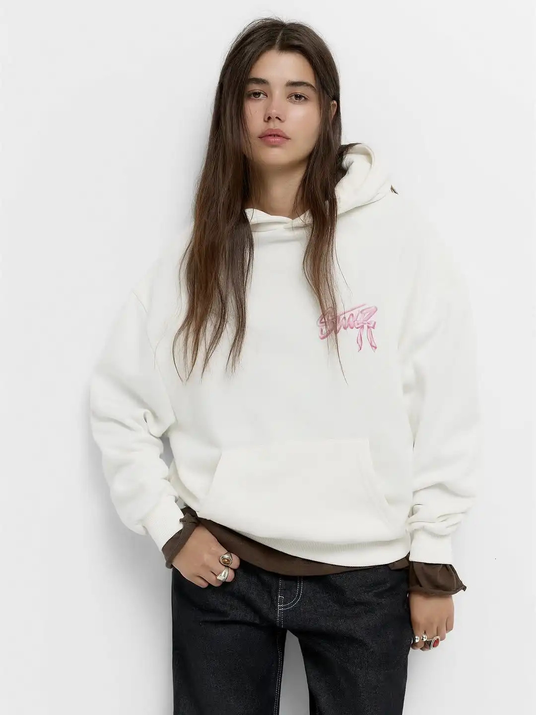 Pink Bow Hoodie Women White Sweatshirt Gradient Letter Print Back n Casual Pullover Streetwear Y2K Aesthetic Spring Top 251219