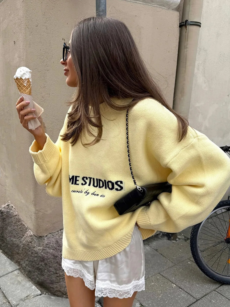 Butter Yellow Letters Knitted Sweater For Women Casual O-Neck Long Sleeve Pullover Tops Winter Daily Street Loose Sweaters 251219