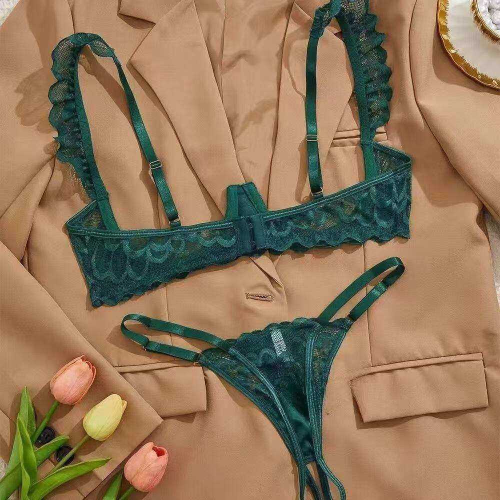 European and American Style Lingerie No Need to Take Off Chest Exposing Open Crotch Pure Desire See-through Lace Trim Purple Sexy Bra Set - view 8