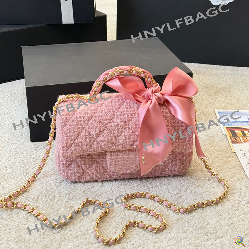 Pink Bowknot Knitting Tweed Shoulder Bag Woman Designer Small Tote with Metal Handle Diamond-check Pattern Leisure Gold Buckle Matelasse Chain Cross Body Purse 20cm