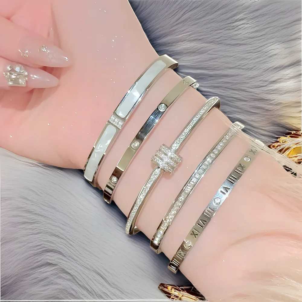 Yupsk 5Pcs/set Silver Color Stainless Steel Shiny Zircon Inlaid Stackable Bangles Female Jewelry Gift M251220