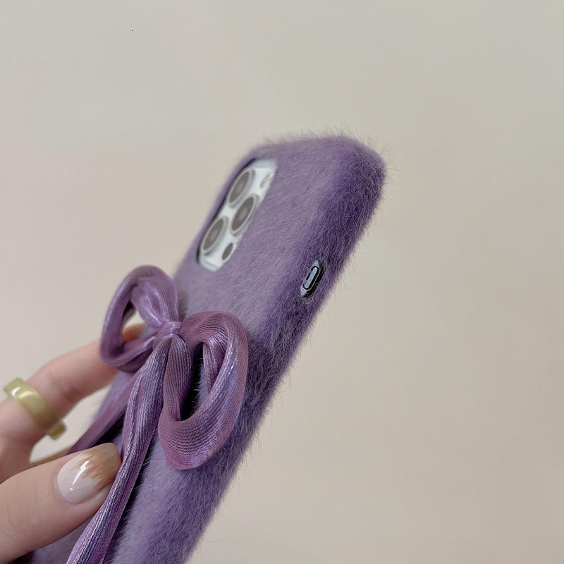 Korean Style Silk Bowknot Suitable iPhone 17 Apple 16 Pro Max Phone Case Mink Fur Plush 15/14 for Women