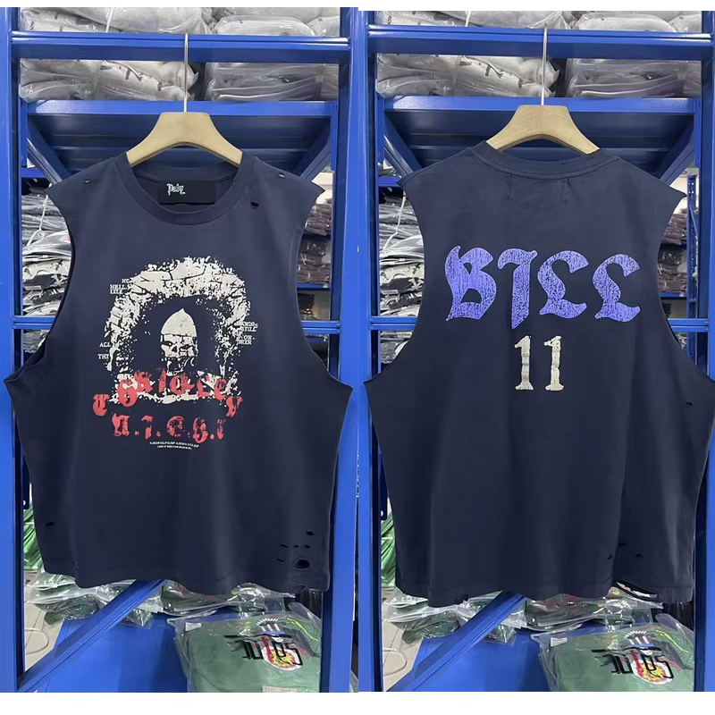 Vintage Dark Blue Damaged Hole Oversized Vest Men Women Summer Cotton Sleeveless T-Shirt Cracked Graphics Print Tank Tops