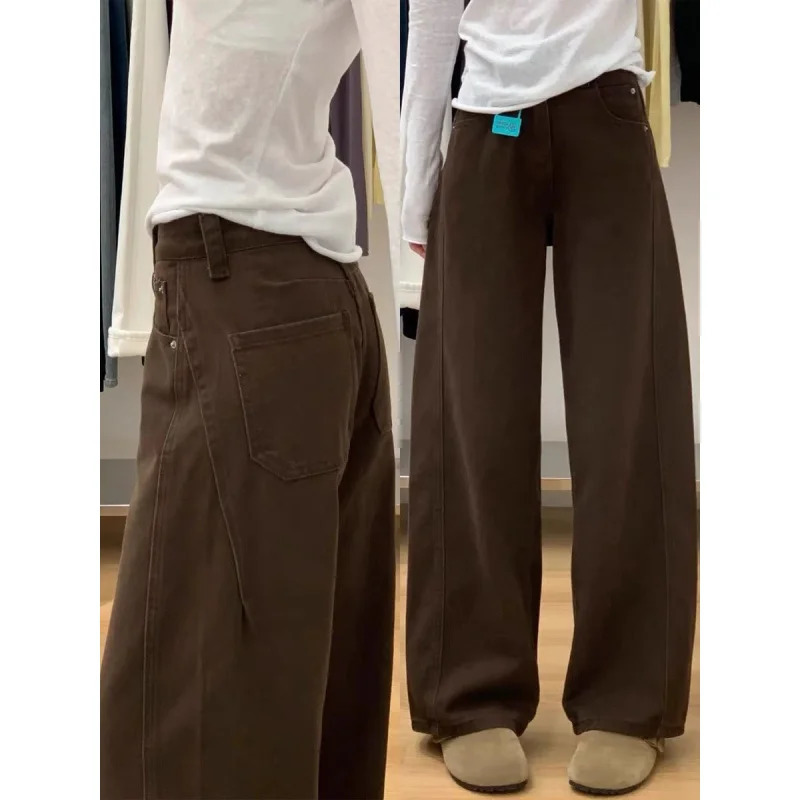 Maillard Brown Straight Leg Jeans for Women Autumn Winter Loose Fit Pear Shape Curved Wide Pants Z260313