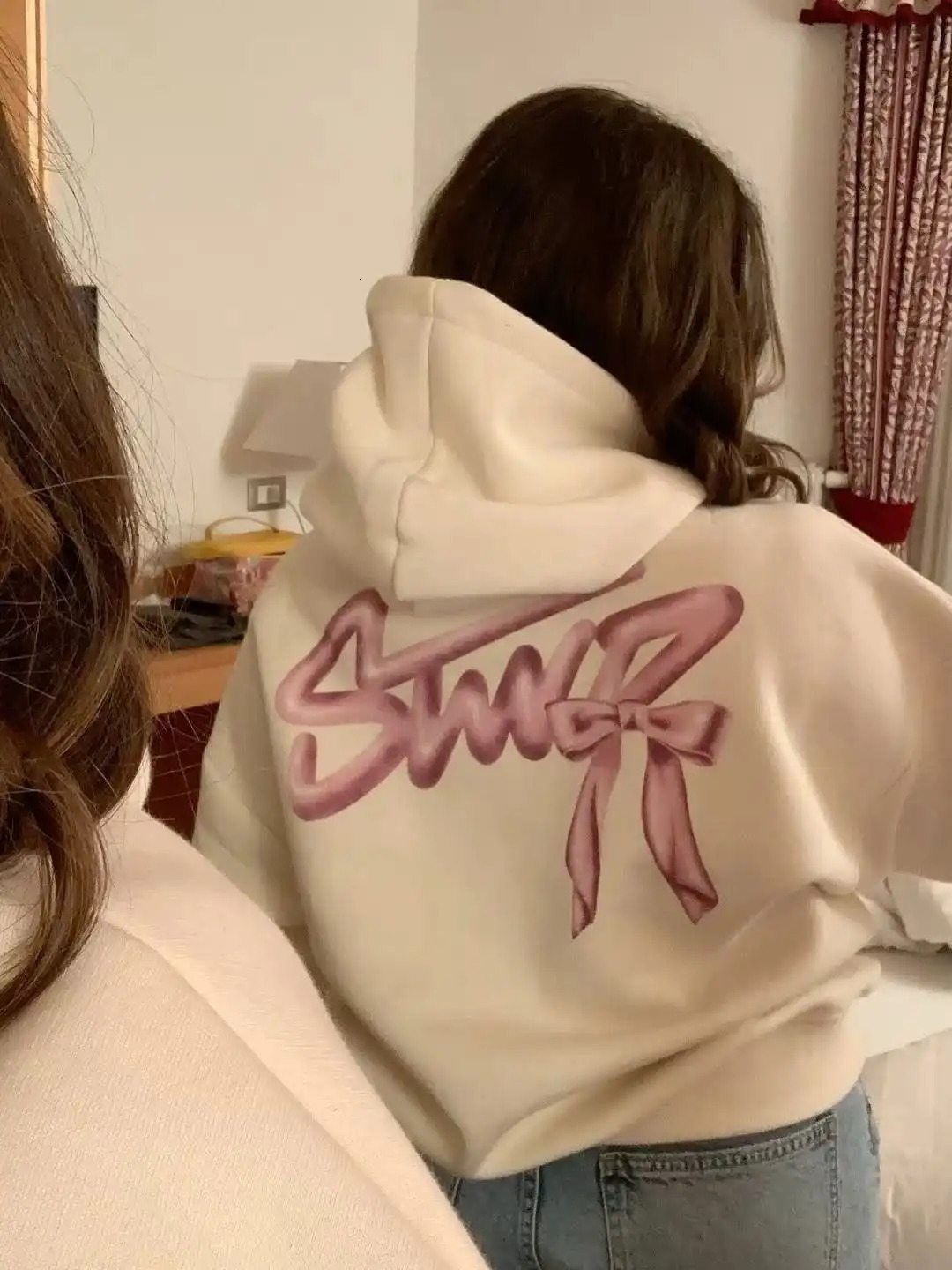 Pink Bow Hoodie Women White Sweatshirt Gradient Letter Print Back n Casual Pullover Streetwear Y2K Aesthetic Spring Top 251219