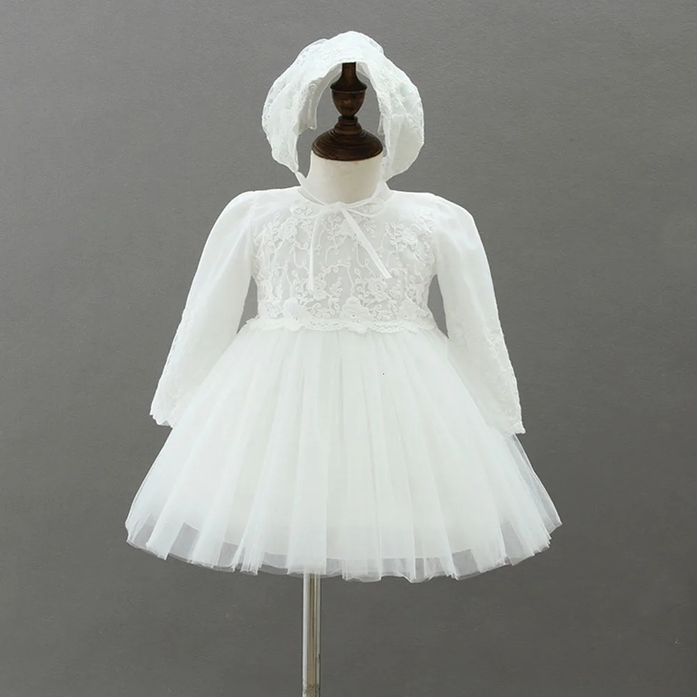 Baby Girl Elegant Dresses Infant White Clothes Toddlers Christening Dress Long Sleeves with Hat 251215