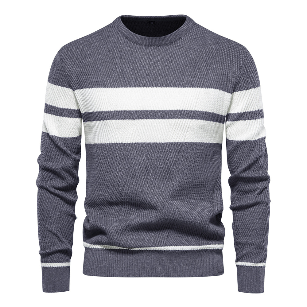 WOZK autumn and winter men's casual striped men's sweater pullover color blocked round neck men's European size knitted sweater top des