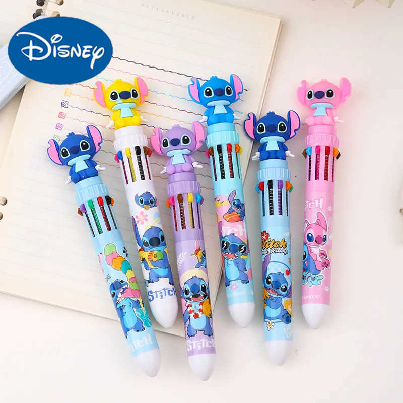 Disney 6/36pcs Stitch 10 Color Ballpoint Pen Cartoon 07 Press Multicolor Pen Student Diy Hand Point Pen Stationery H251220