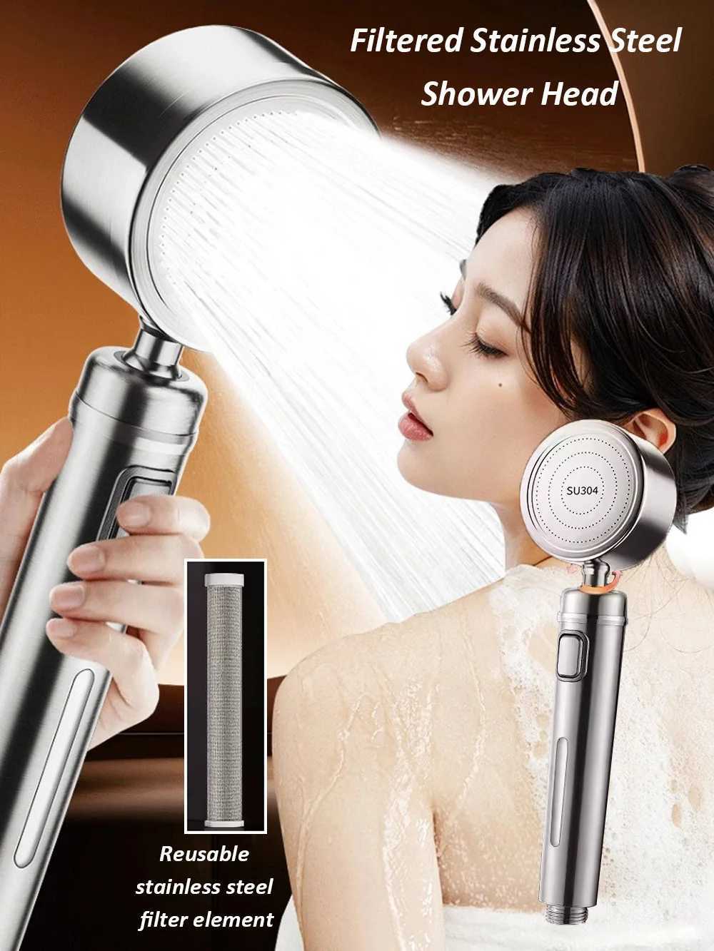 High Pressure Stainless Steel Shower Head With Filter Water Saving One-Key Stop Water Massage Sprayer Bathroom Accessories C251220