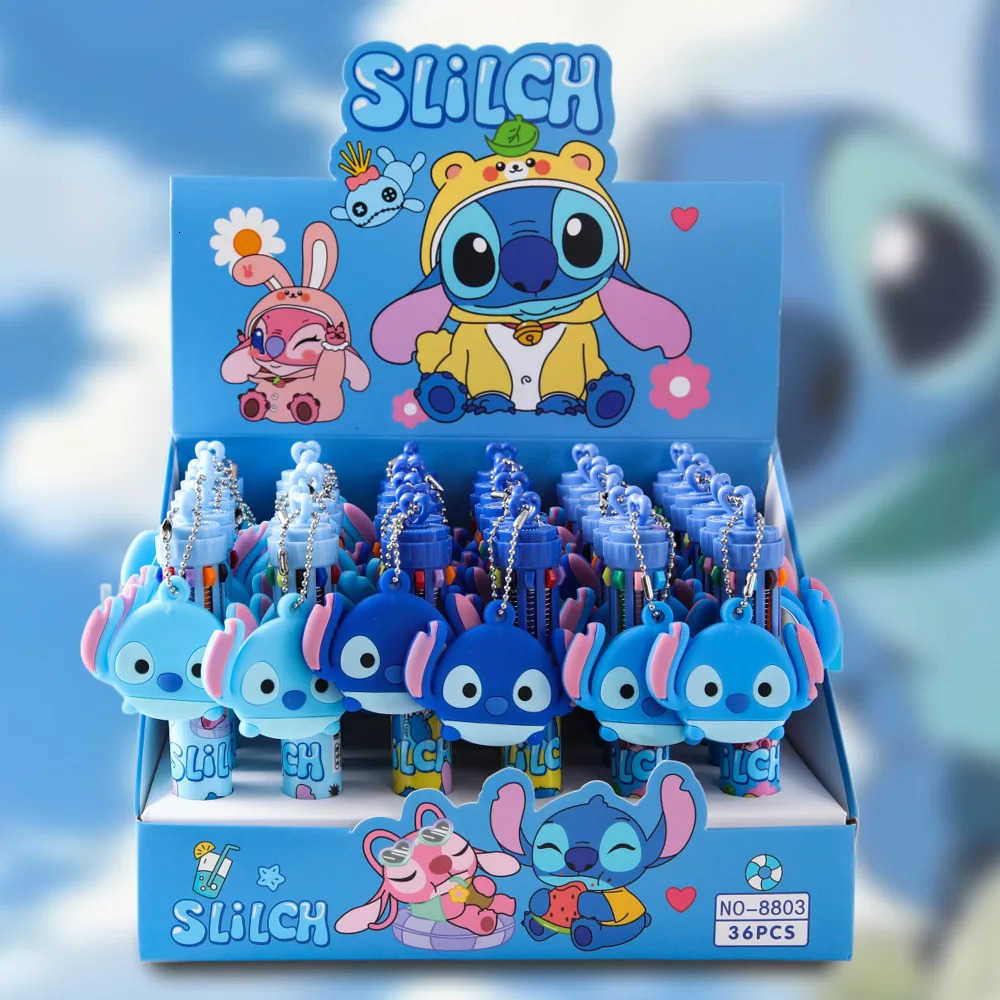 Disney 6/36pcs Stitch 10 Color Press Ballpoint Pen With Mirror Pendant Cute Multi Color Student Writing Pen Stationery Gift H2512201