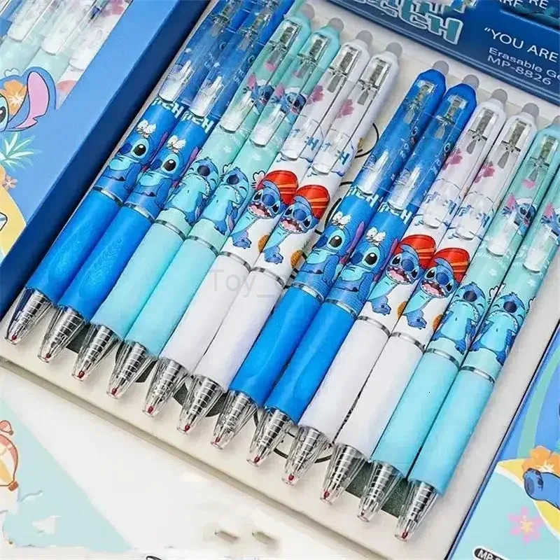 Disney 12pcs Lilo and Stitch Neutral Pen Cute Stationery Erasable 055mm Blue Signature Pen Office Supplies Tools Wholesale Toys H251220