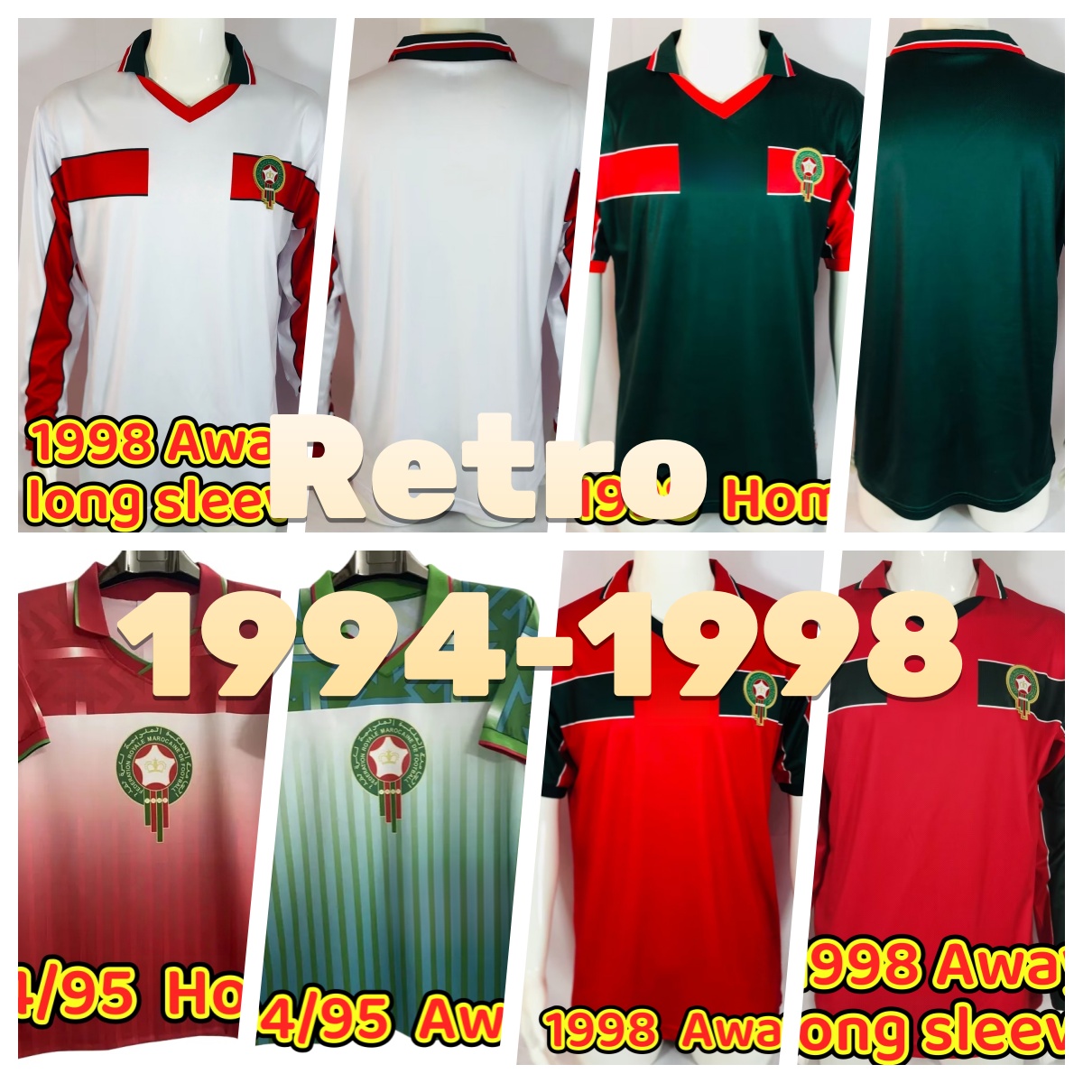 1998 Morocco Retro Mens Soccer Jerseys National Team BASSIR HADJI ABRAMI NEQROUZ OUAKILI NAYBET Home Away 3rd Football Shirts 1994 1995 long sleeve and short