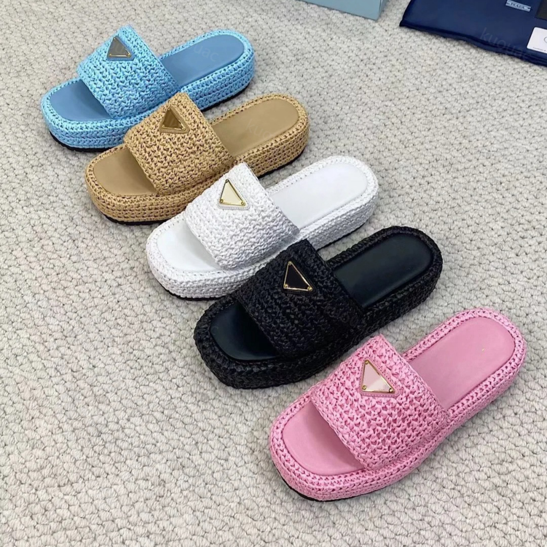 Designer Women's Crochet Flat Slippers Summer Sandals Bottom Beach Thick Rafia Mule Outdoor Woven Straw Slippers Size 35-43