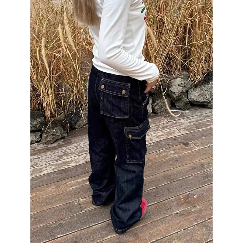 YIBASHU Women Blue Baggy Y2k Harajuku Cargo Jeans Vintage Jean Pants Japanese 2000s Streetwear Oversize Denim Trousers Winter Z260314