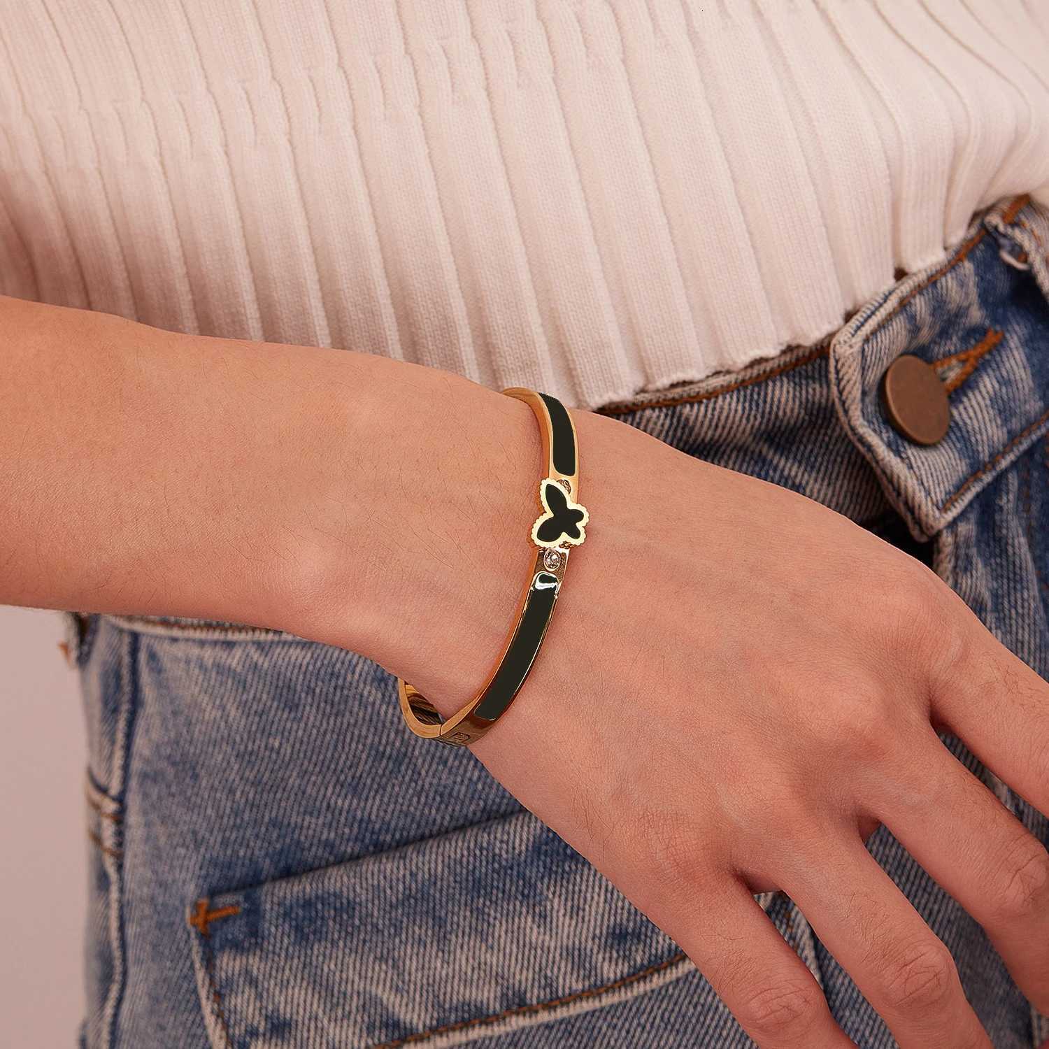 ALTERA Luxury Colorful Enamel Butterfly Charm Bangle Stainless Steel Gold Plated for Women Fashion Simple Jewelry Gift M251220