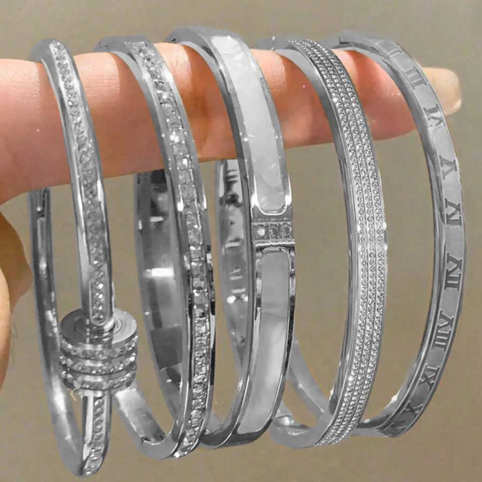 Yupsk Titanium Steel Couples Shiny Zircon Inlaid Stainless Steel Bangles Gold/Silver Color Female Jewelry Gift M251220