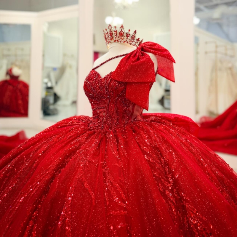 Red Shiny Quinceanera Dresses Off The Shoulder Beading Crystal Bow Tull Party Birthday Sweet 16 Dress Vestidos 15 De Anos