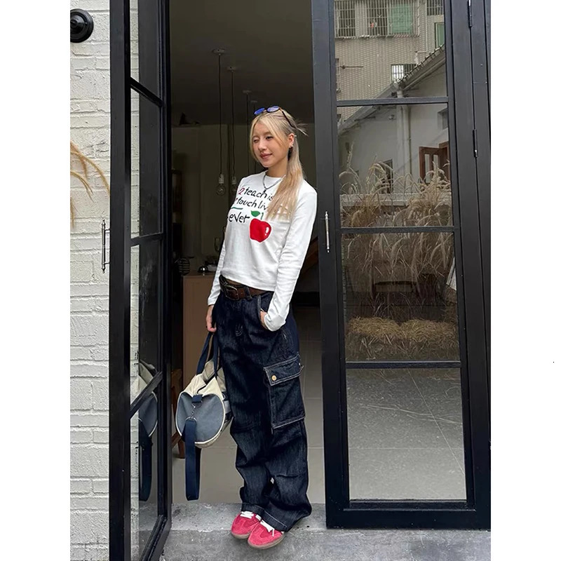 YIBASHU Women Blue Baggy Y2k Harajuku Cargo Jeans Vintage Jean Pants Japanese 2000s Streetwear Oversize Denim Trousers Winter Z260314