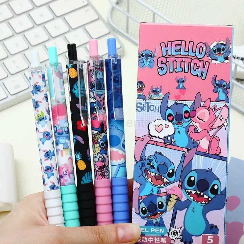 Disney Stitch Kawaii Press Gel Pens for Writing Cartoon 05mm Black Ink Neutral Pen Office School Supplies Gift for Kid 5Pcs/box H251220