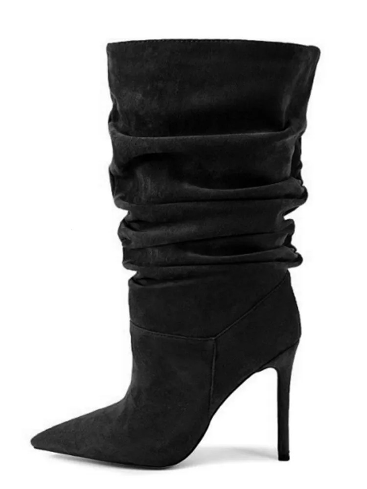 2025Womens Autumn and Winter Pleated High-heeled Short Boots with Pointed Sleeves Womens 35-47 Large Mid Length Boots 251216 - view 5