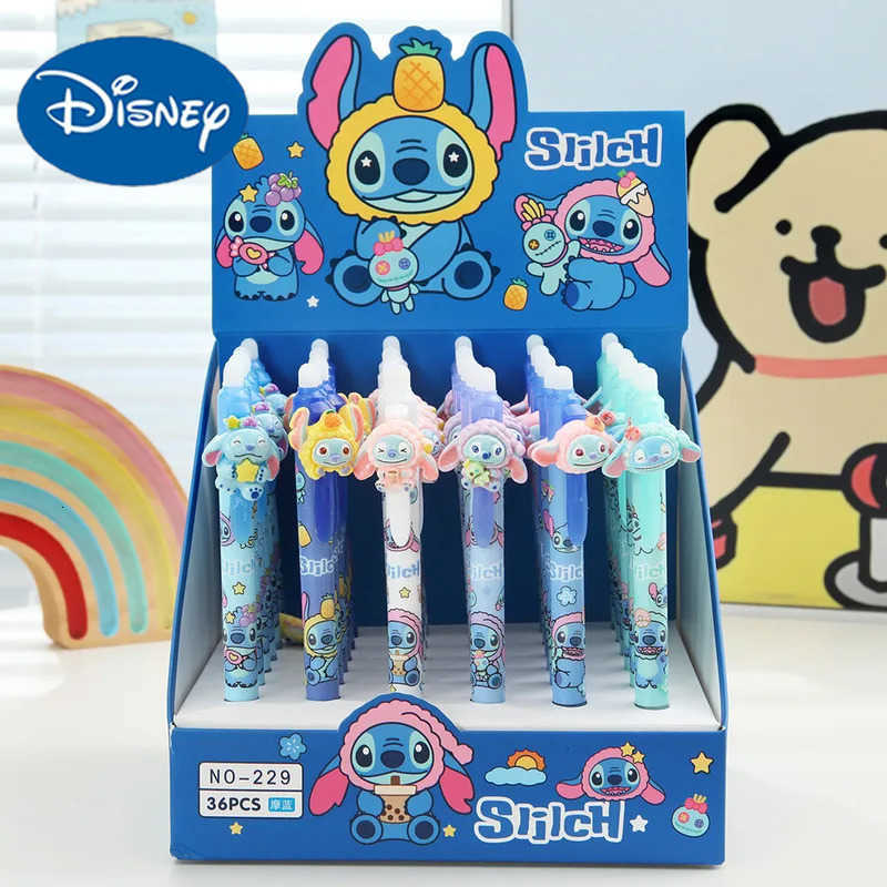 Disney 36Pcs Erasable Gel Pen Cartoon Set Creative Cute Fruit Shape Stitch 05Mm Blue Erasable Pen Students Learn Stationery H251220
