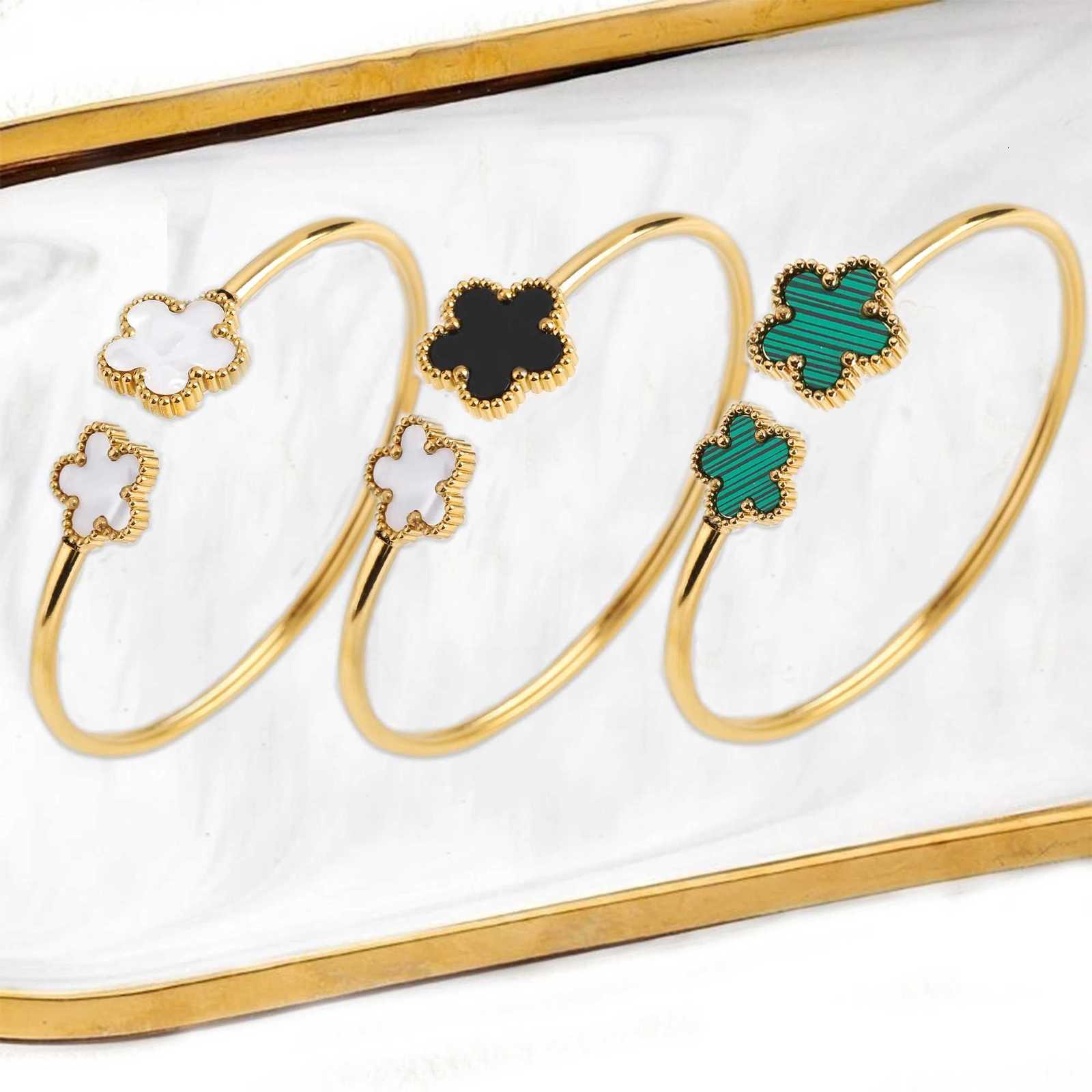 Gold Plated Stainless Steel Botanical Plum Blossom Shell Opening Bangle Classic for Woman Girl High Quality Party Fine Jewelry M251220