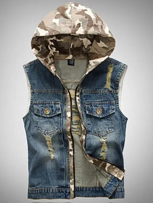 Camouflage Hooded Denim Jacket Mens Cowboy Vests Hooded Denim Waistcoat Mens Denim Sleeveless Jacket Three Colors Available 251219