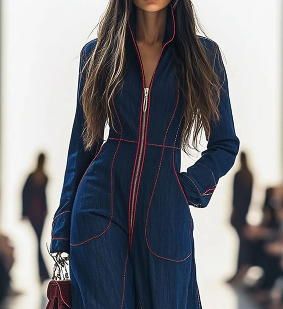 Fashion Casual AutumnWinter Long Sleeve Vneck Pockets Solid Color Zipper Wide Leg Jumpsuits 251219