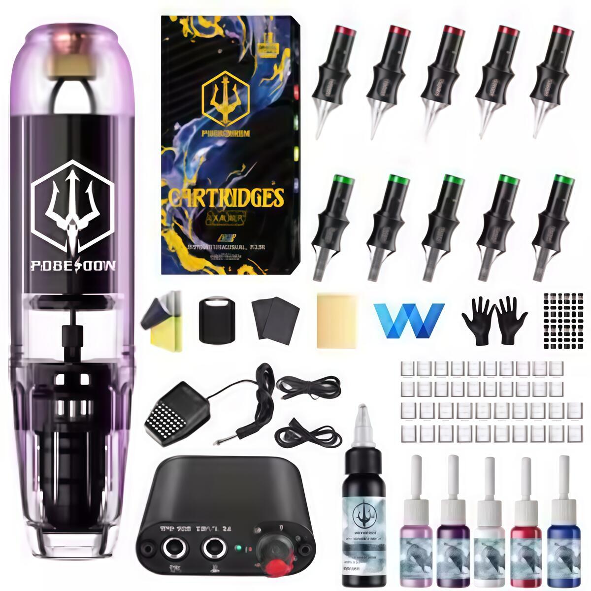 POSEIDON Tattoo Kit 10PCS Tattoo Needles Tattoo Pen Kit High Power Transparent Purple Tattoo Power Supply Tattoo Machine Kit