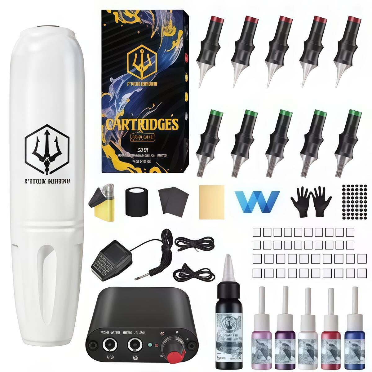 POSEIDON Tattoo Kit 10PCS Tattoo Needles Tattoo Pen Kit High Power Transparent Purple Tattoo Power Supply Tattoo Machine Kit