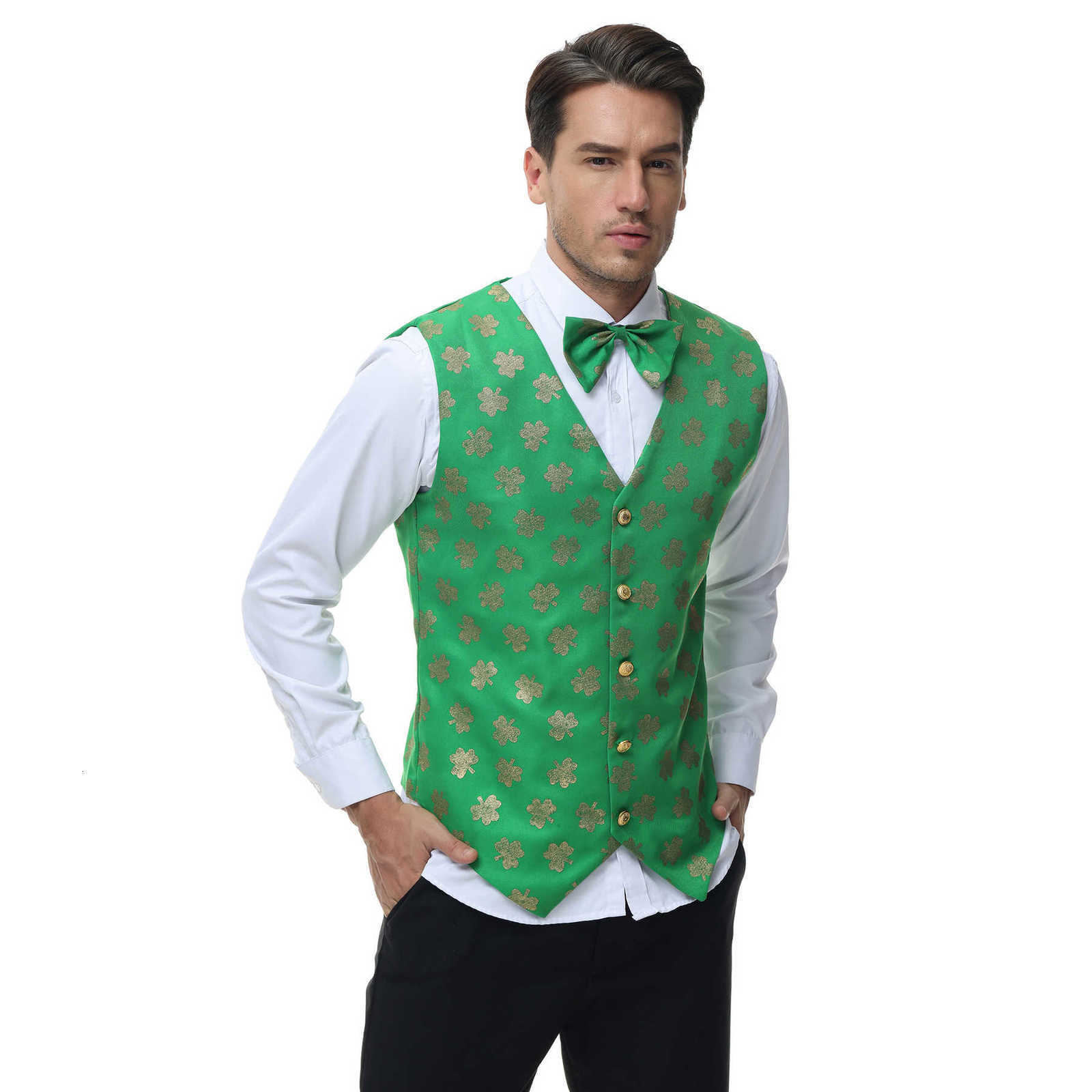 Green Christmas Men Vest Bowtie Pocket Square Cufflinks Set Printed Snowflake Waistcoat for Man Accessories Party Necktie Gifts X241114