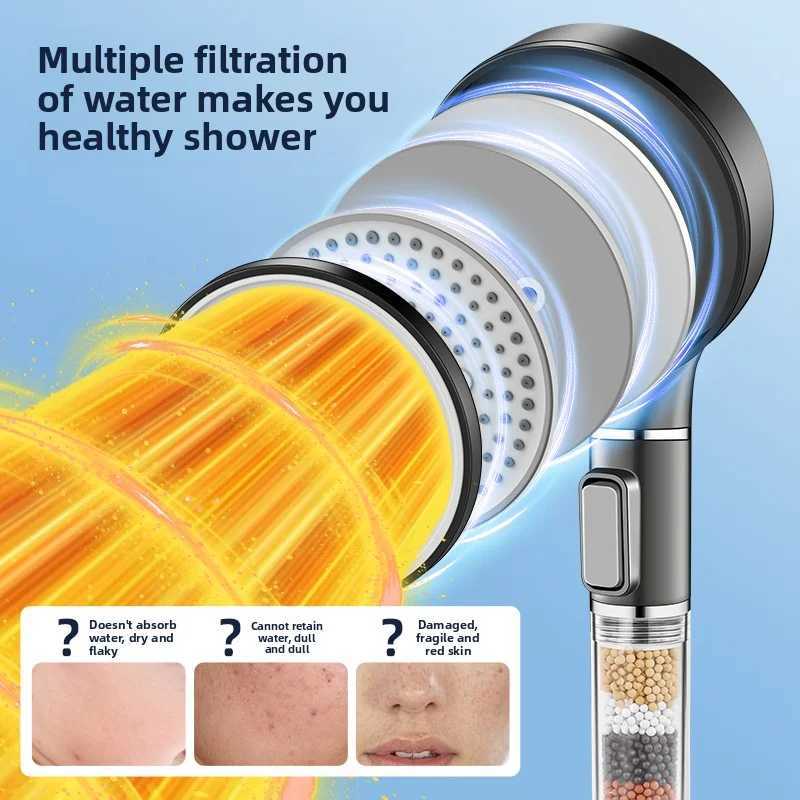 5-Mode High Pressure Filtered Shower Head - Gunmetal Gray Multi-Effect Skin Care Stones Adjustable Water Flow for Bathroom C251220