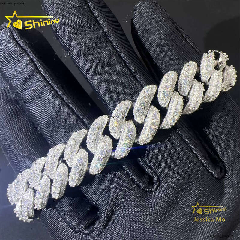 VVS Moissanite 13mm 3 Row Rhodium Plated Rapper Hip Hop Jewelry VVS1 Silicon Stone Iced Out Grid Certificate S925 Silver Miami Cuban Bracelet for Men