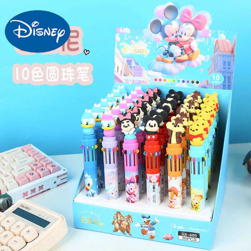Disney 6/36pcs Mickey Family 10 Colors Ballpoint Multi Color Press Pen Cute Cartoon Gel Pen Student Supplies Stationery Wholesal H2512201