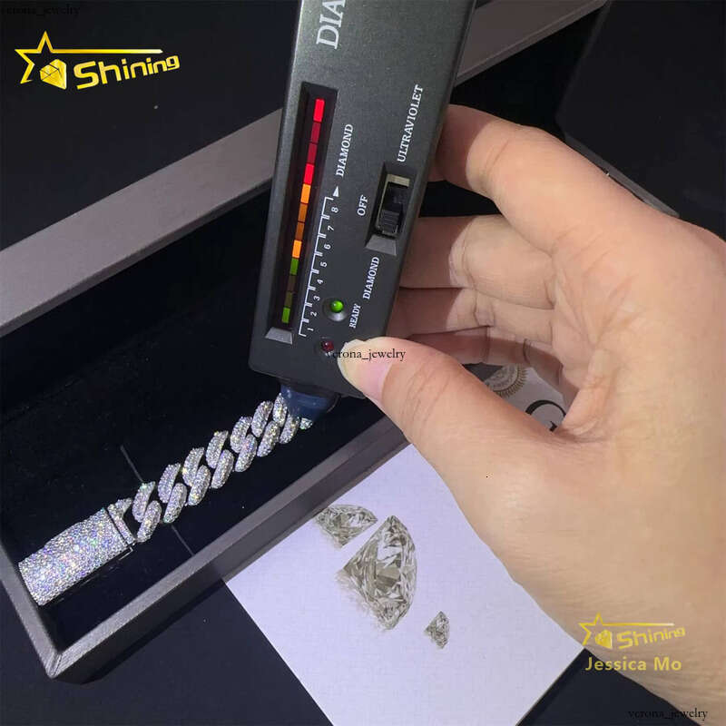 VVS Moissanite 13mm 3 Row Rhodium Plated Rapper Hip Hop Jewelry VVS1 Silicon Stone Iced Out Grid Certificate S925 Silver Miami Cuban Bracelet for Men