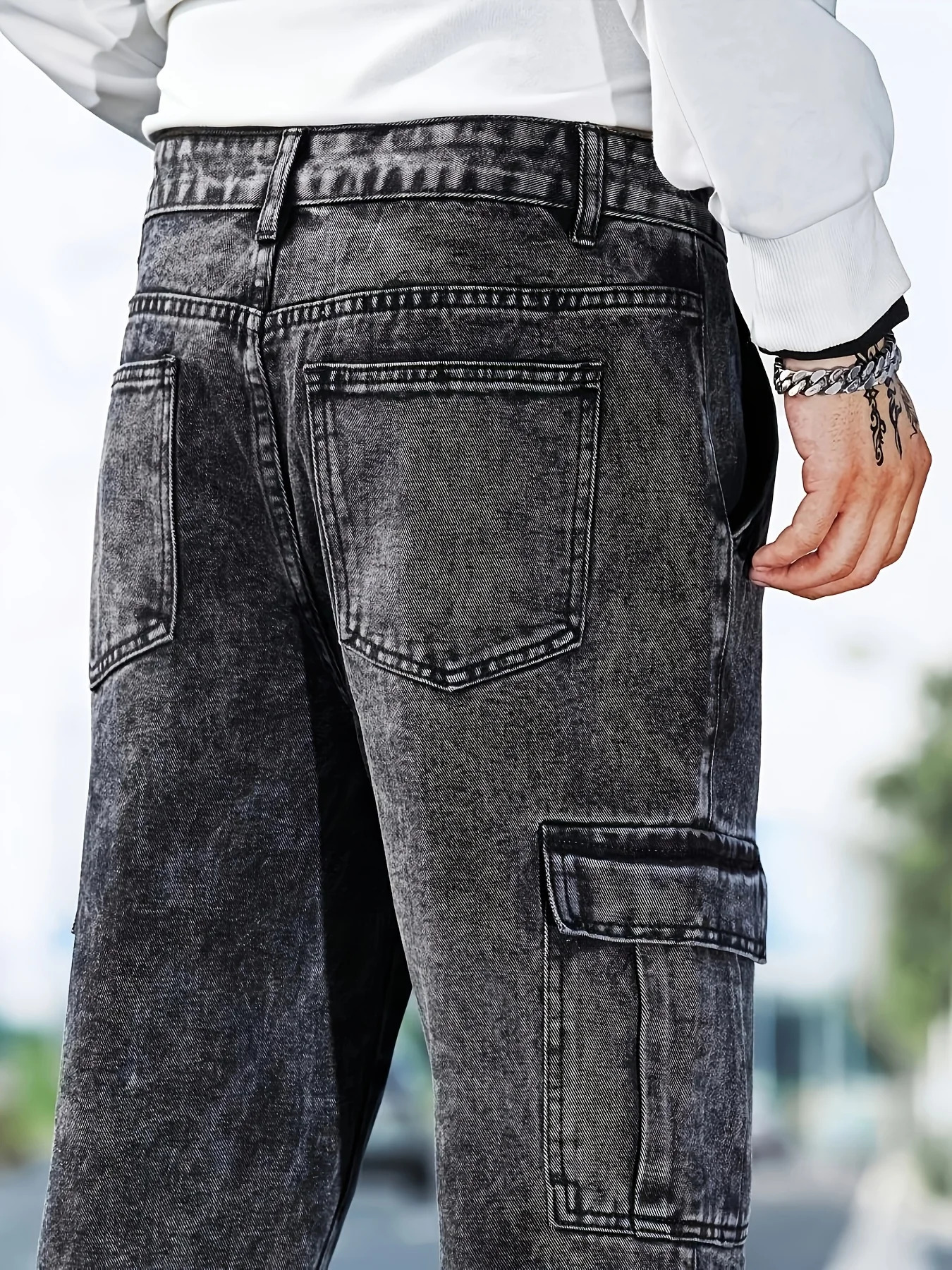 Fashionable mens denim trousers washed workwear y251205